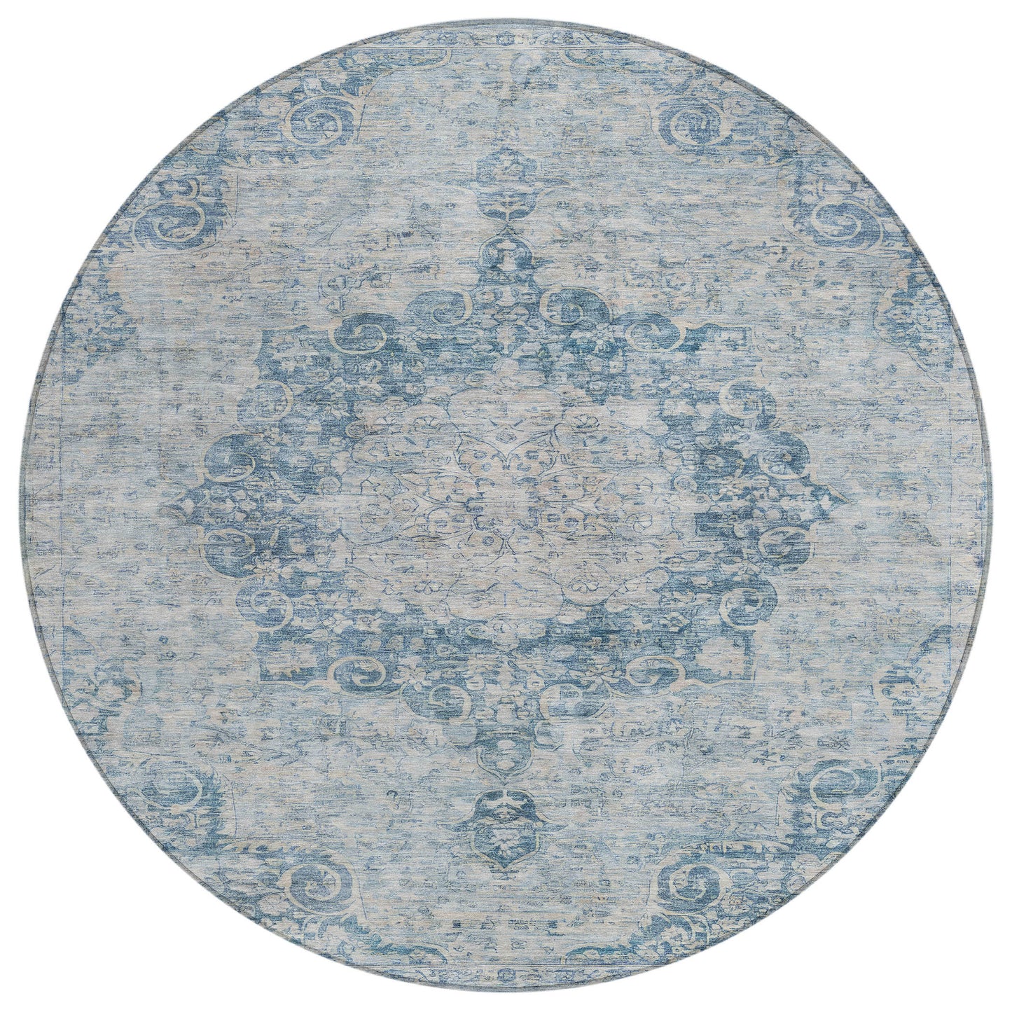 8' Blue Round Floral Medallion Washable Indoor Outdoor Area Rug