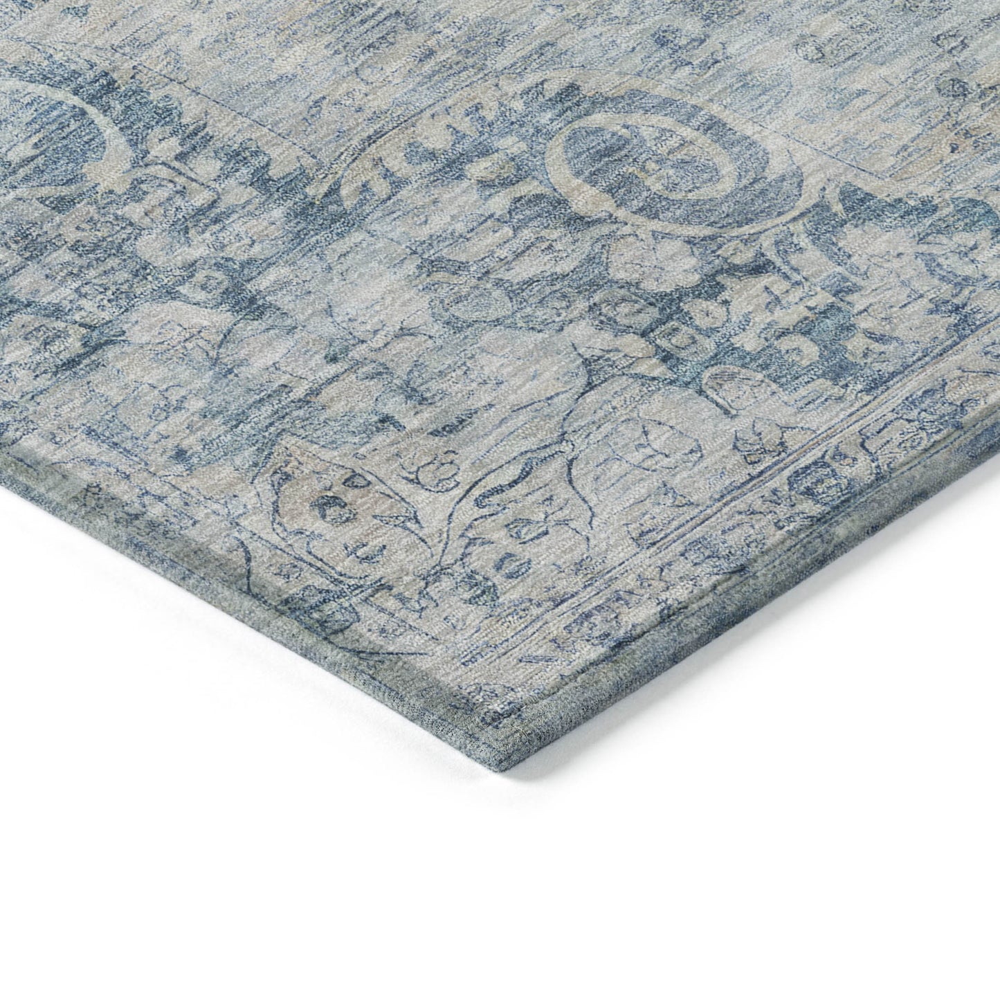 8' Blue Round Floral Medallion Washable Indoor Outdoor Area Rug