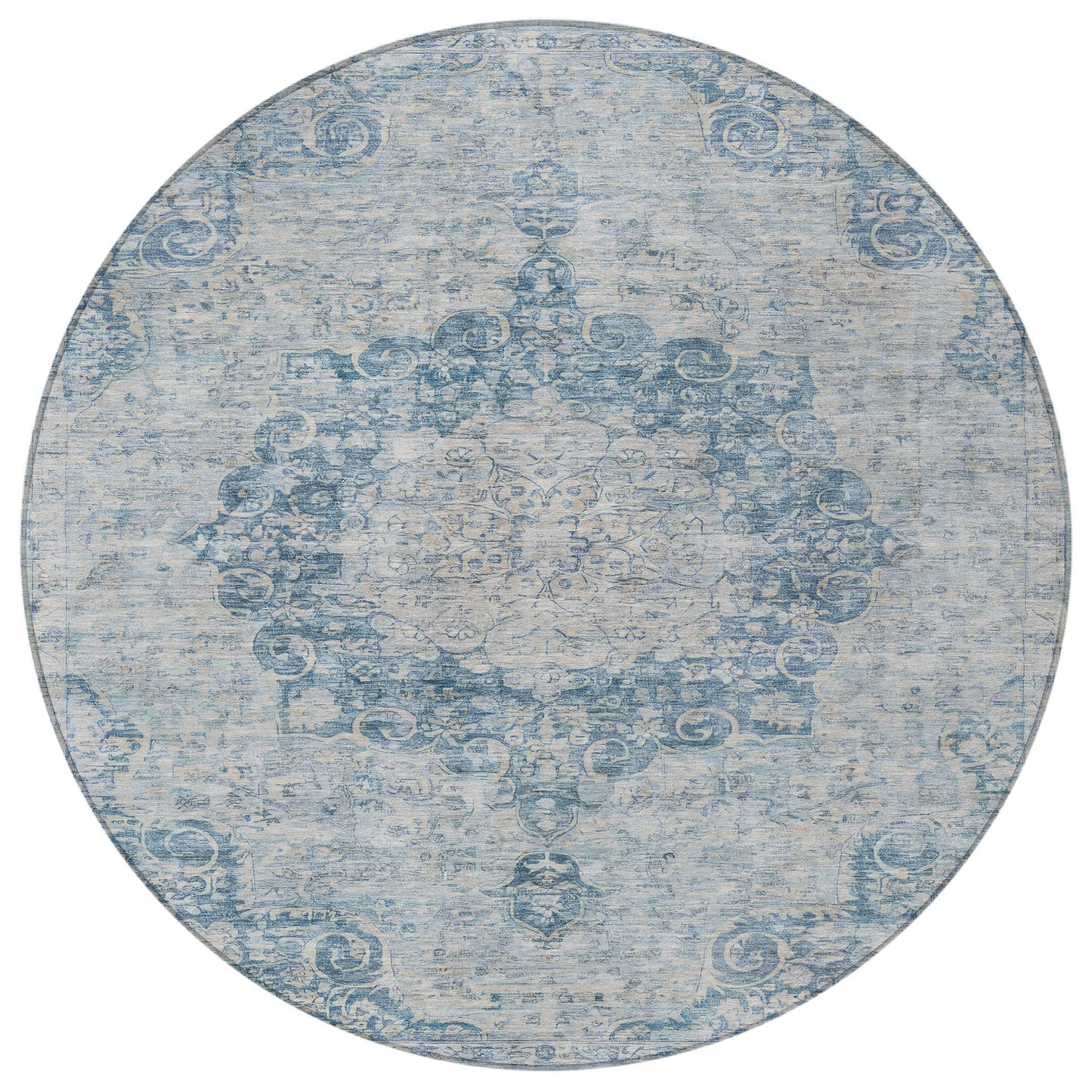 8' Blue Round Floral Medallion Washable Indoor Outdoor Area Rug