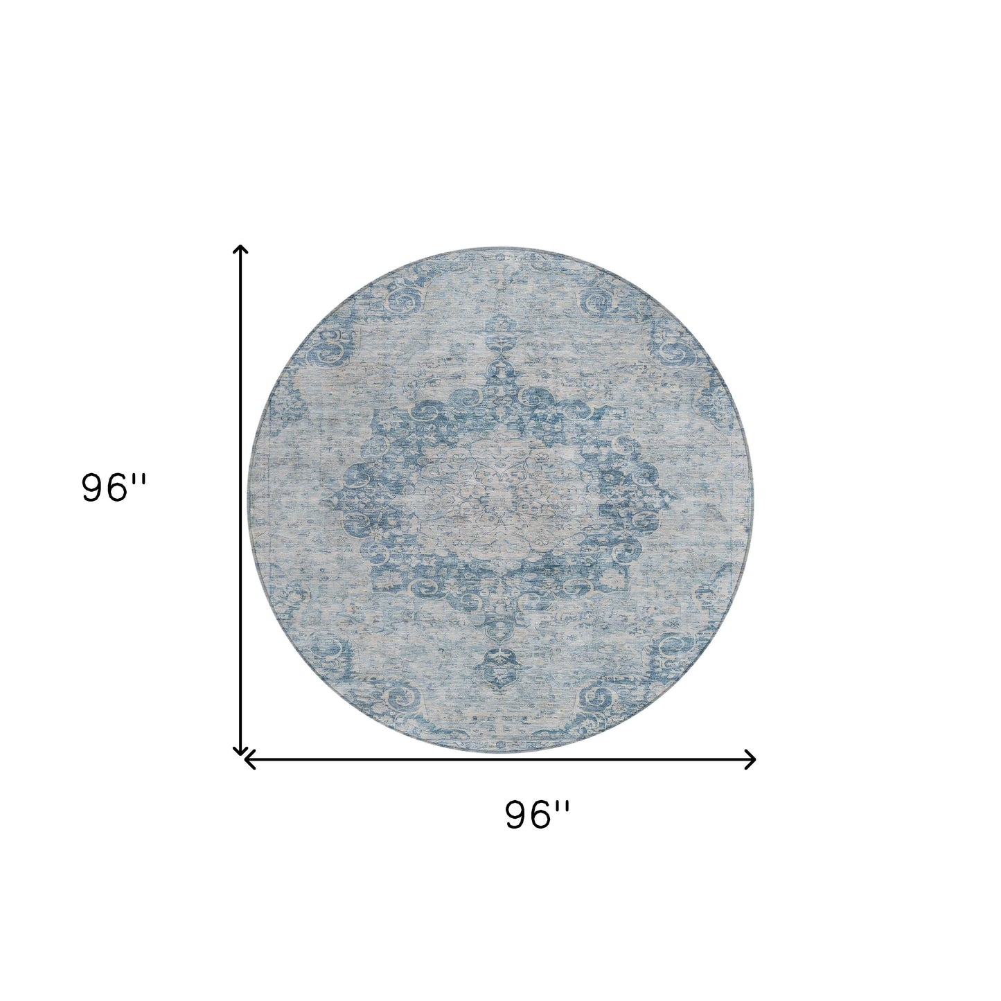 8' Blue Round Floral Medallion Washable Indoor Outdoor Area Rug