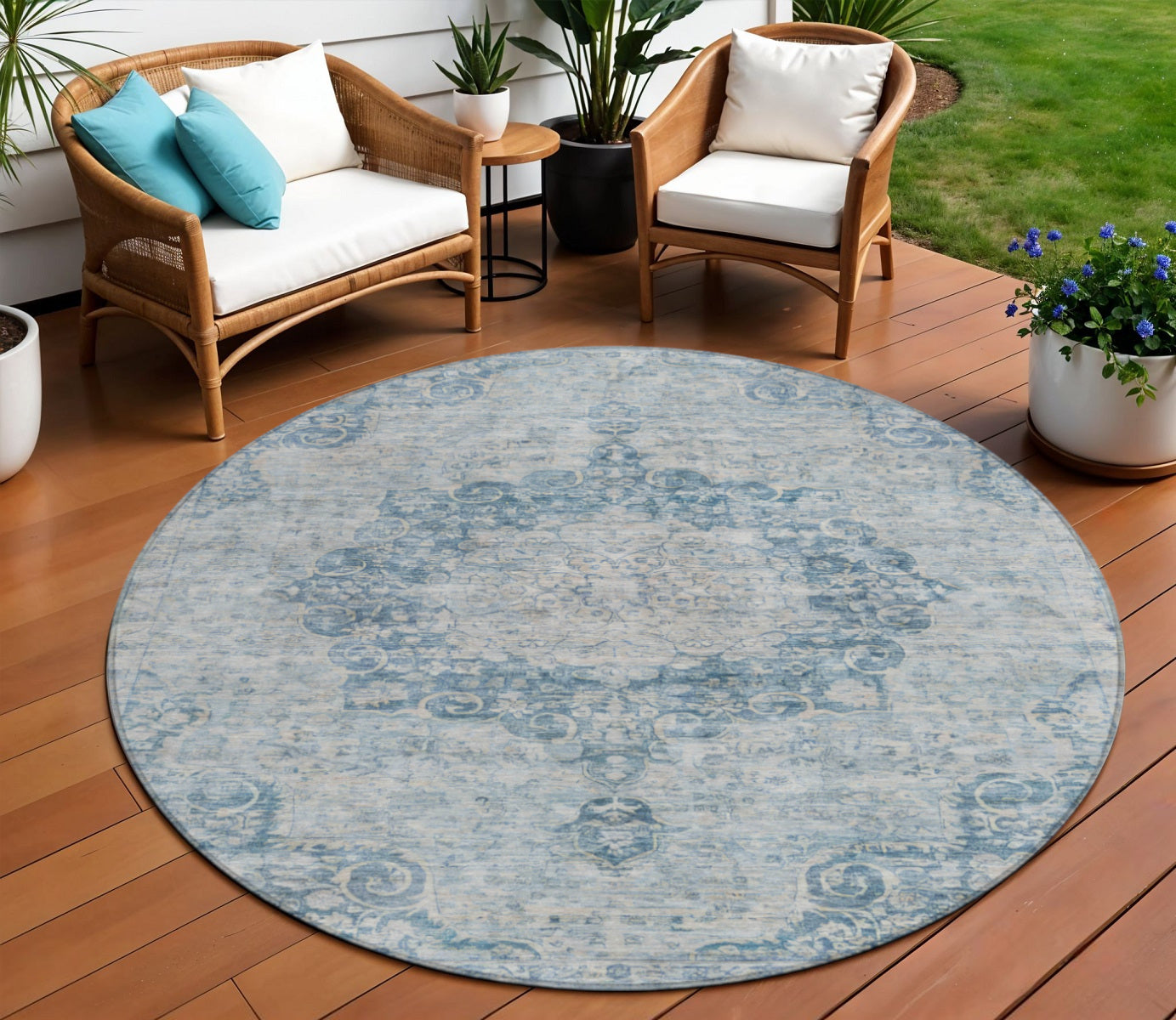 8' Blue Round Floral Medallion Washable Indoor Outdoor Area Rug