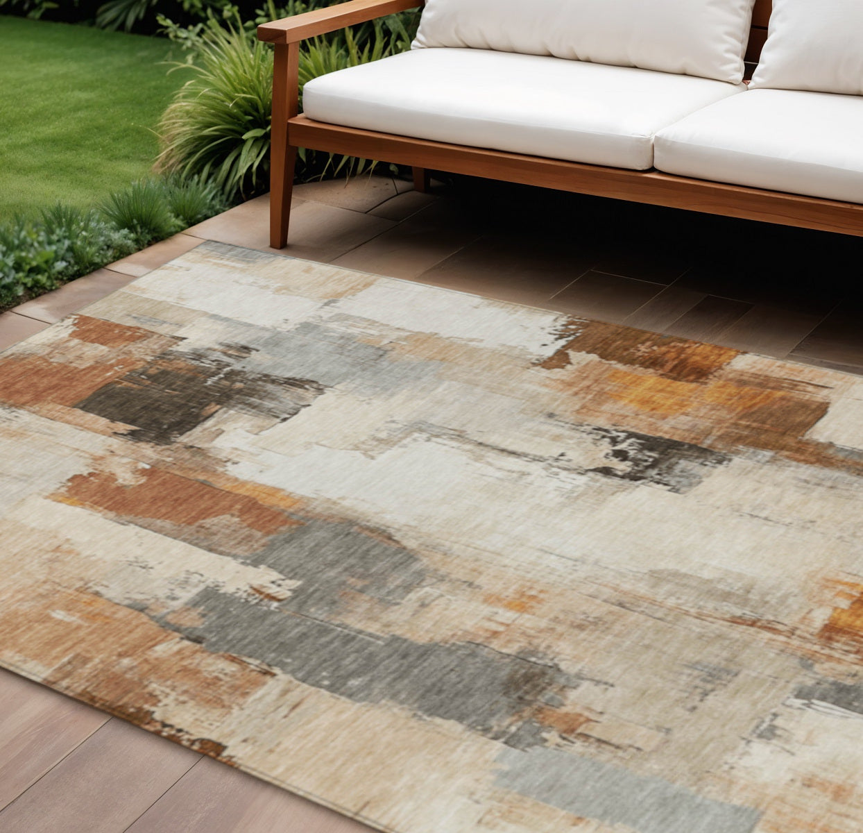 9' X 12' Ivory And Rust Abstract Washable Indoor Outdoor Area Rug