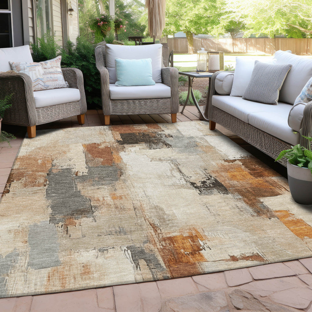 9' X 12' Ivory And Rust Abstract Washable Indoor Outdoor Area Rug