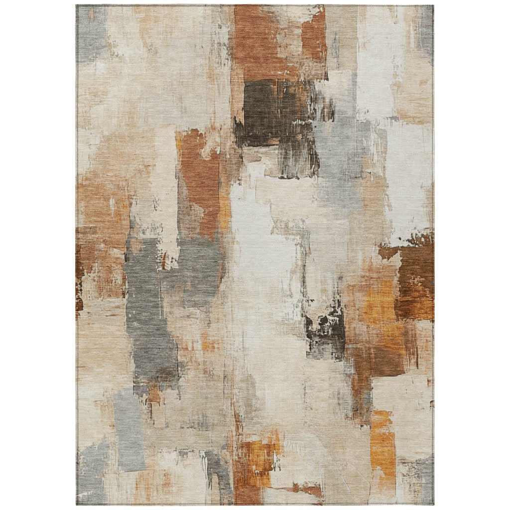 9' X 12' Ivory And Rust Abstract Washable Indoor Outdoor Area Rug