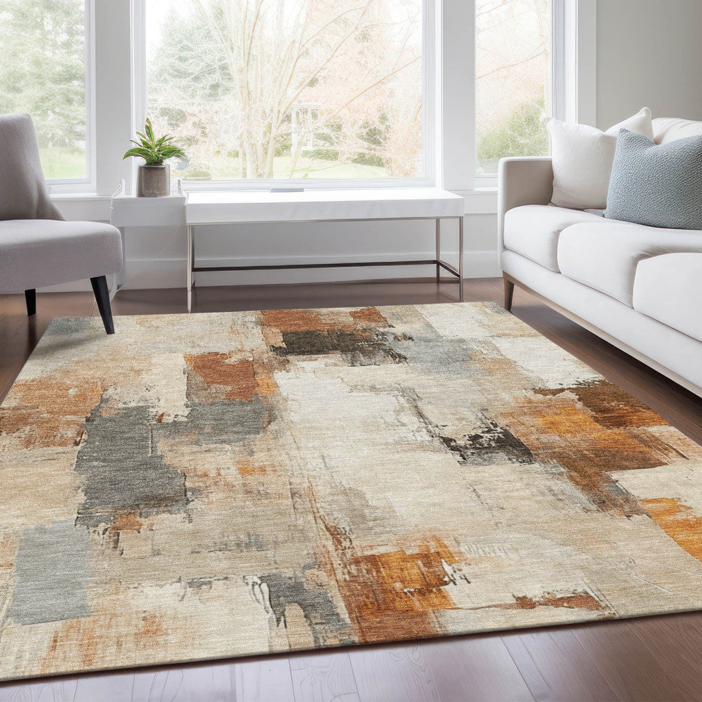 9' X 12' Ivory And Rust Abstract Washable Indoor Outdoor Area Rug