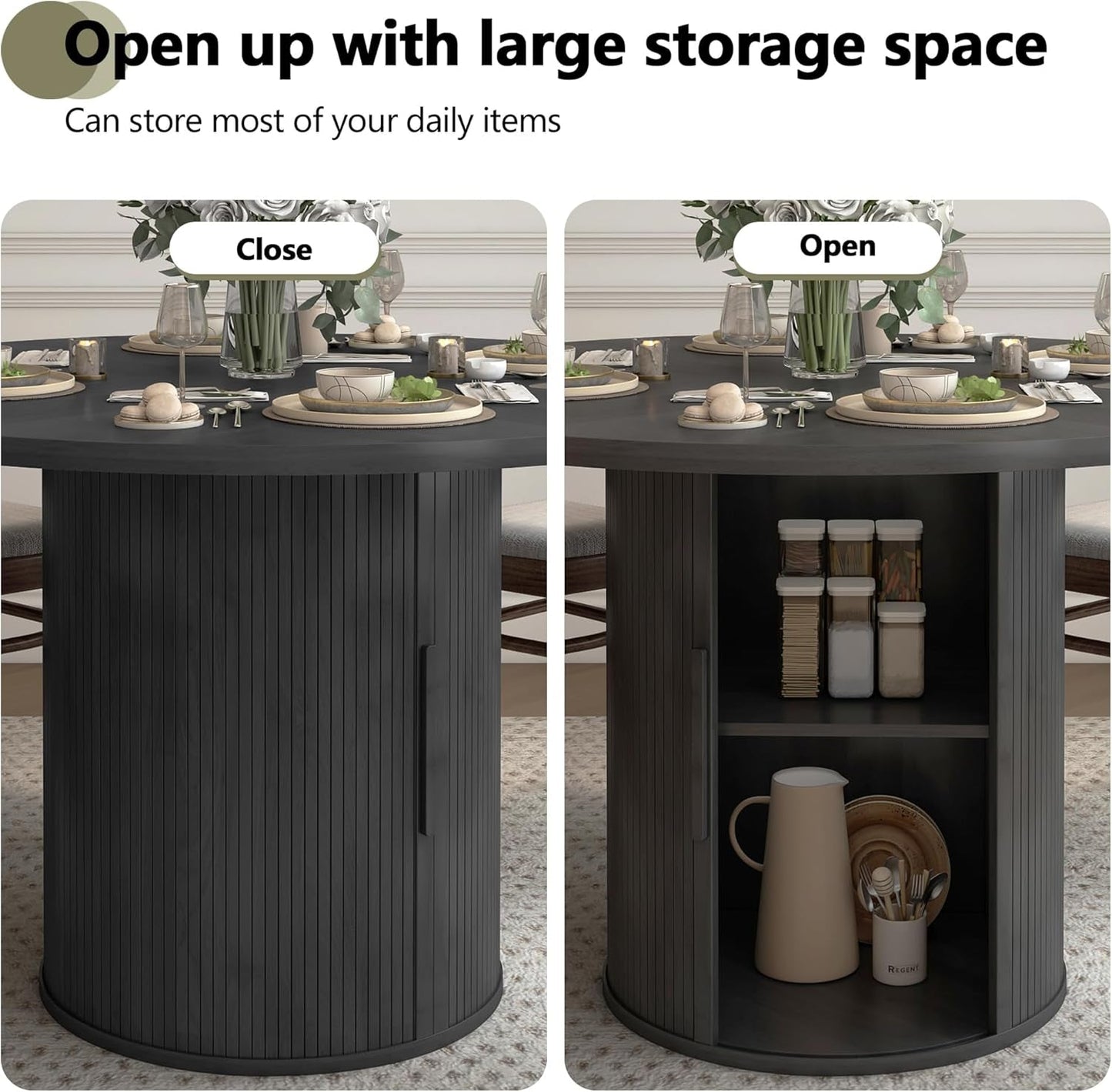 47 Inch round Dining Table for 4, Kitchen Table Dinner Table with 2-Layer Storage Shelf and Wood Slide Door for Home Dining Room Living Room (Black)