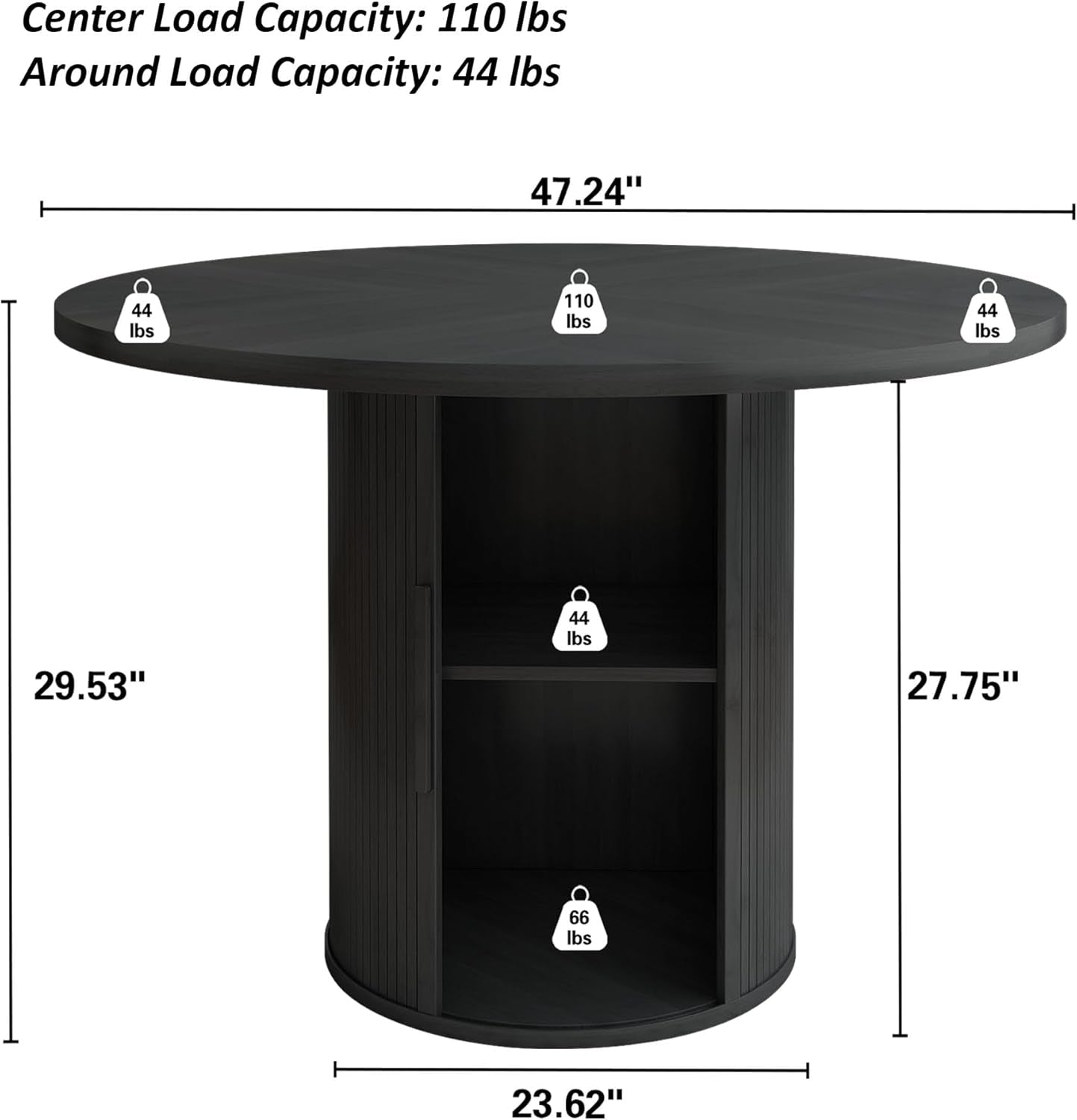 47 Inch round Dining Table for 4, Kitchen Table Dinner Table with 2-Layer Storage Shelf and Wood Slide Door for Home Dining Room Living Room (Black)