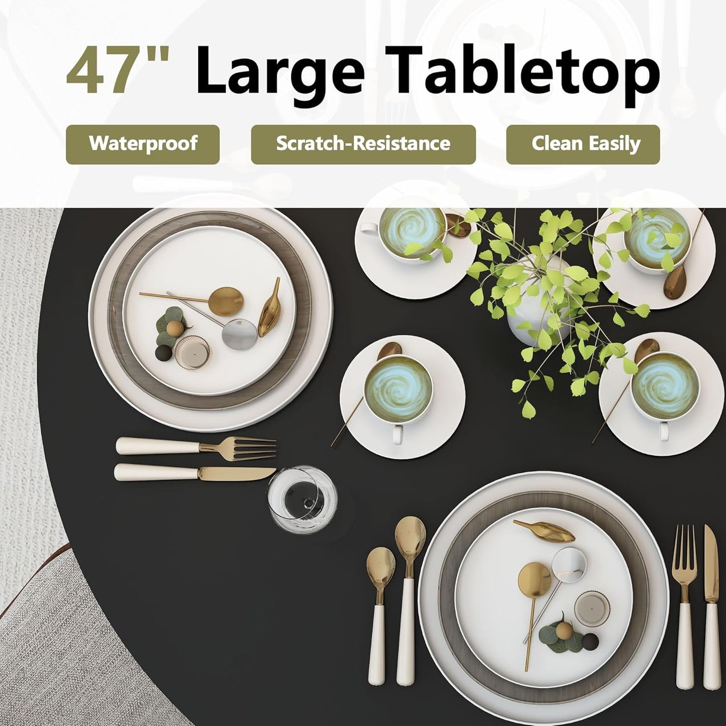 47 Inch round Dining Table for 4, Kitchen Table Dinner Table with 2-Layer Storage Shelf and Wood Slide Door for Home Dining Room Living Room (Black)