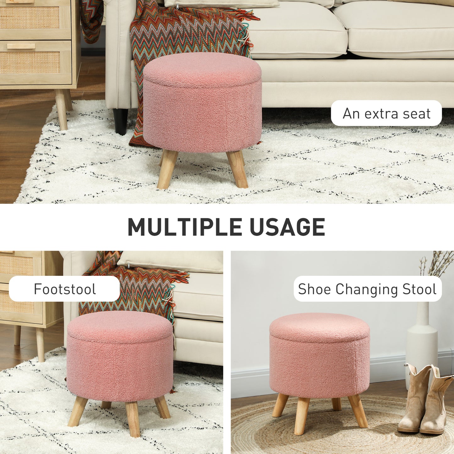 Bitney - Round Ottoman Stool With Storage, Linen Upholstered Foot Stool With Padded Seat, Hidden Space And Wood Legs,