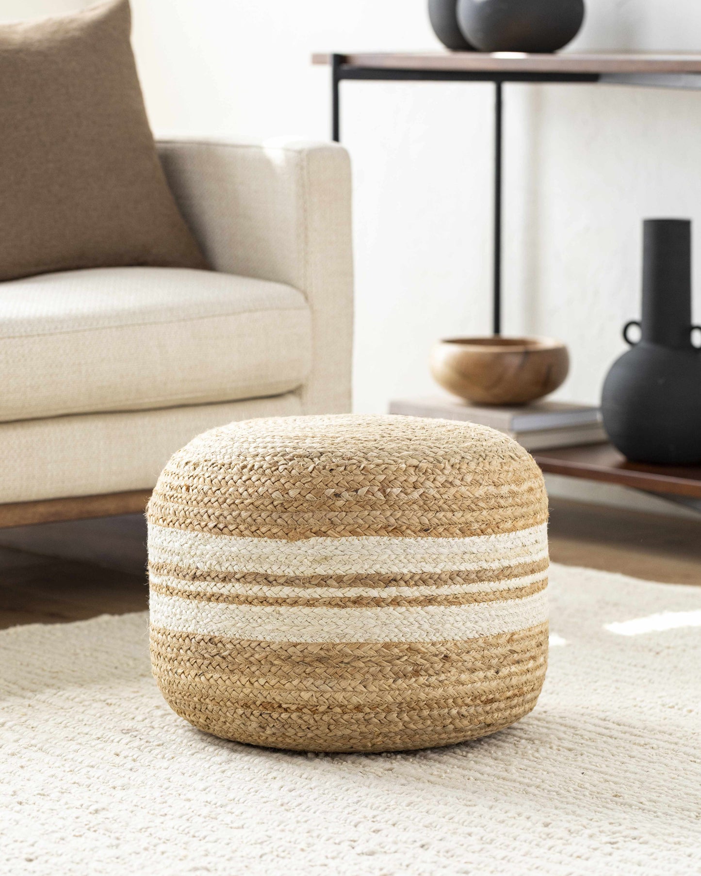 Kanashevo Brick Red Handwoven Gray Cotton Pouf