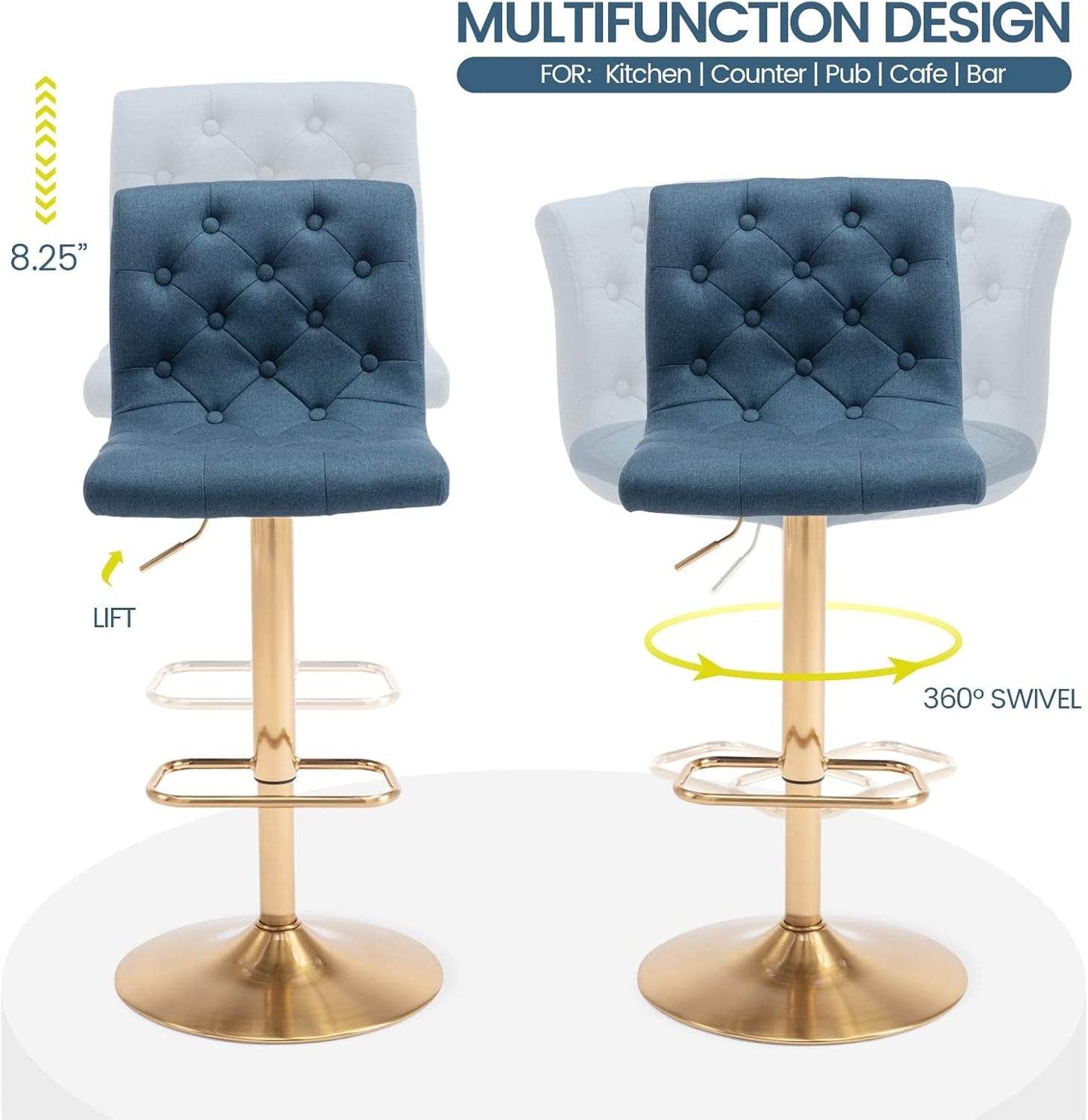 Tufted Fabric Bar Stools Set of 2, Adjustable Swivel Counter Height Barstools with Back, Upholstered Armless Airlift Bar Chairs for Kitchen Dining Cafe (Blue, Gold Base)