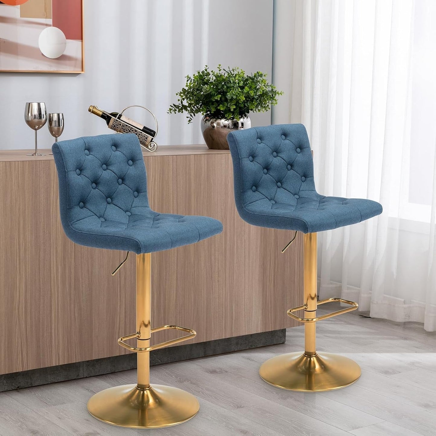 Tufted Fabric Bar Stools Set of 2, Adjustable Swivel Counter Height Barstools with Back, Upholstered Armless Airlift Bar Chairs for Kitchen Dining Cafe (Blue, Gold Base)