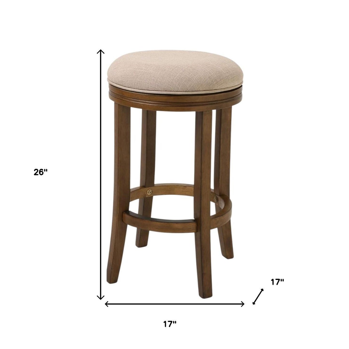 25" Cream and Brown Fabric and Solid Wood Backless Counter Height Swivel Bar Chair