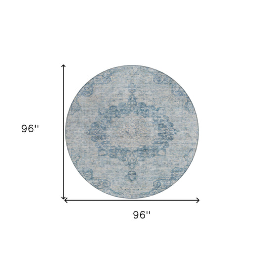 8' Blue Round Floral Medallion Washable Indoor Outdoor Area Rug