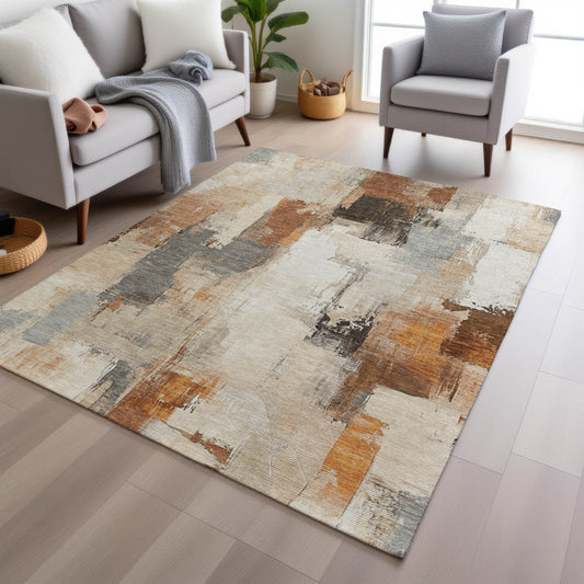 9' X 12' Ivory And Rust Abstract Washable Indoor Outdoor Area Rug