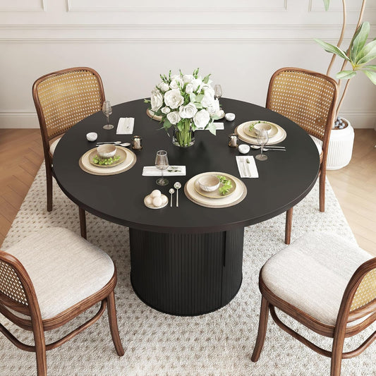 47 Inch round Dining Table for 4, Kitchen Table Dinner Table with 2-Layer Storage Shelf and Wood Slide Door for Home Dining Room Living Room (Black)