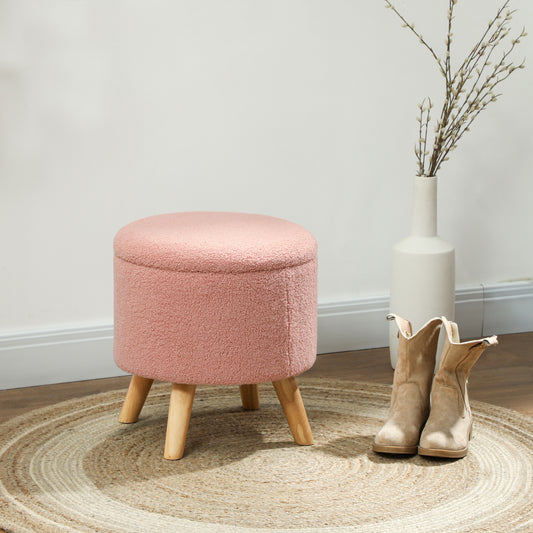 Bitney - Round Ottoman Stool With Storage, Linen Upholstered Foot Stool With Padded Seat, Hidden Space And Wood Legs,