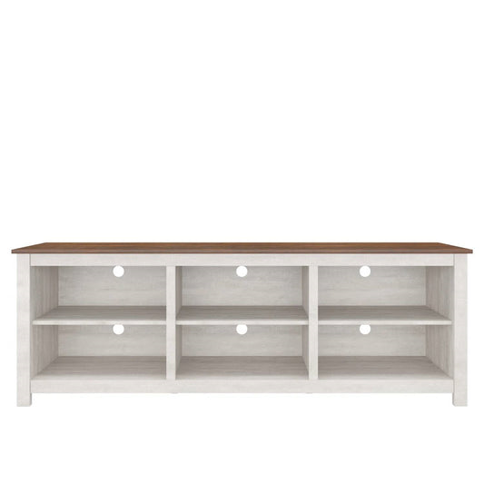 Farmhouse TV Stand in Grey Oak with Brown Wood Finish Top for TVs up to 70-inch