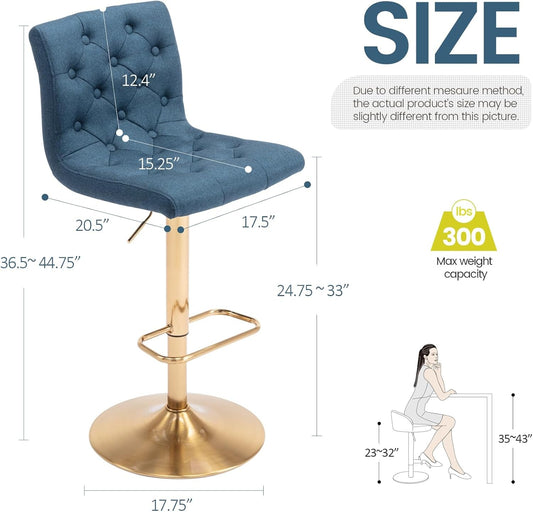 Tufted Fabric Bar Stools Set of 2, Adjustable Swivel Counter Height Barstools with Back, Upholstered Armless Airlift Bar Chairs for Kitchen Dining Cafe (Blue, Gold Base)
