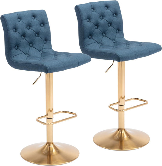 Tufted Fabric Bar Stools Set of 2, Adjustable Swivel Counter Height Barstools with Back, Upholstered Armless Airlift Bar Chairs for Kitchen Dining Cafe (Blue, Gold Base)
